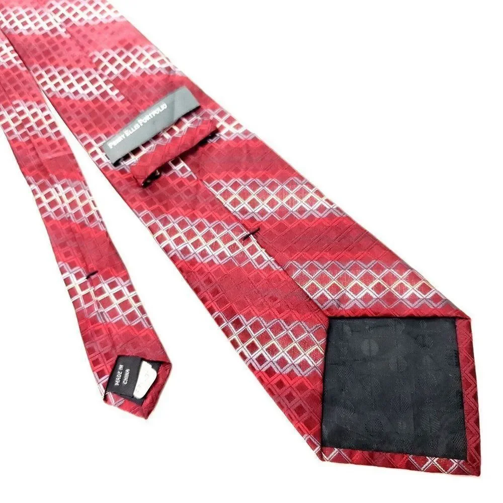 Perry Ellis Portfolio Red Silk Tie Woven‎ Check Regimental